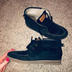 Natural world eco friendly black fringe booties